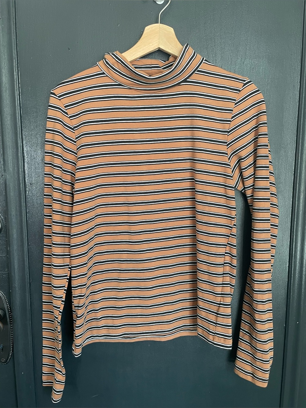 Urban Outfitters Striped Mock Neck Long Sleeve Top - Tan & Black